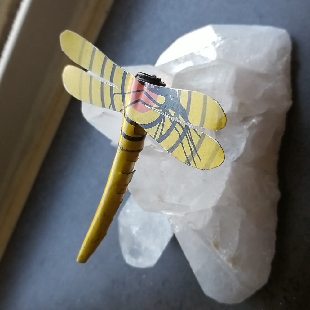 Handmade Upcycled Yellow Metal Dragon Fly Figurine